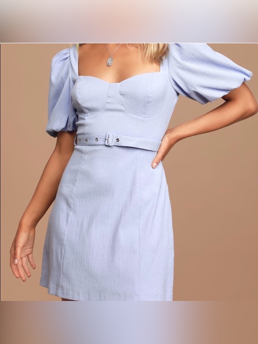 Lulus Dedication to Detail Belted Puff-Sleeve Mini Dress - Light Blue - Picture 4 of 4